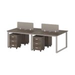 4-Person Workstation Desk Walnut & Khaki with Privacy Dividers and Mobile Pedestals