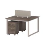 2-Person Workstation Desk Walnut & Khaki with Privacy Divider and Mobile Drawers